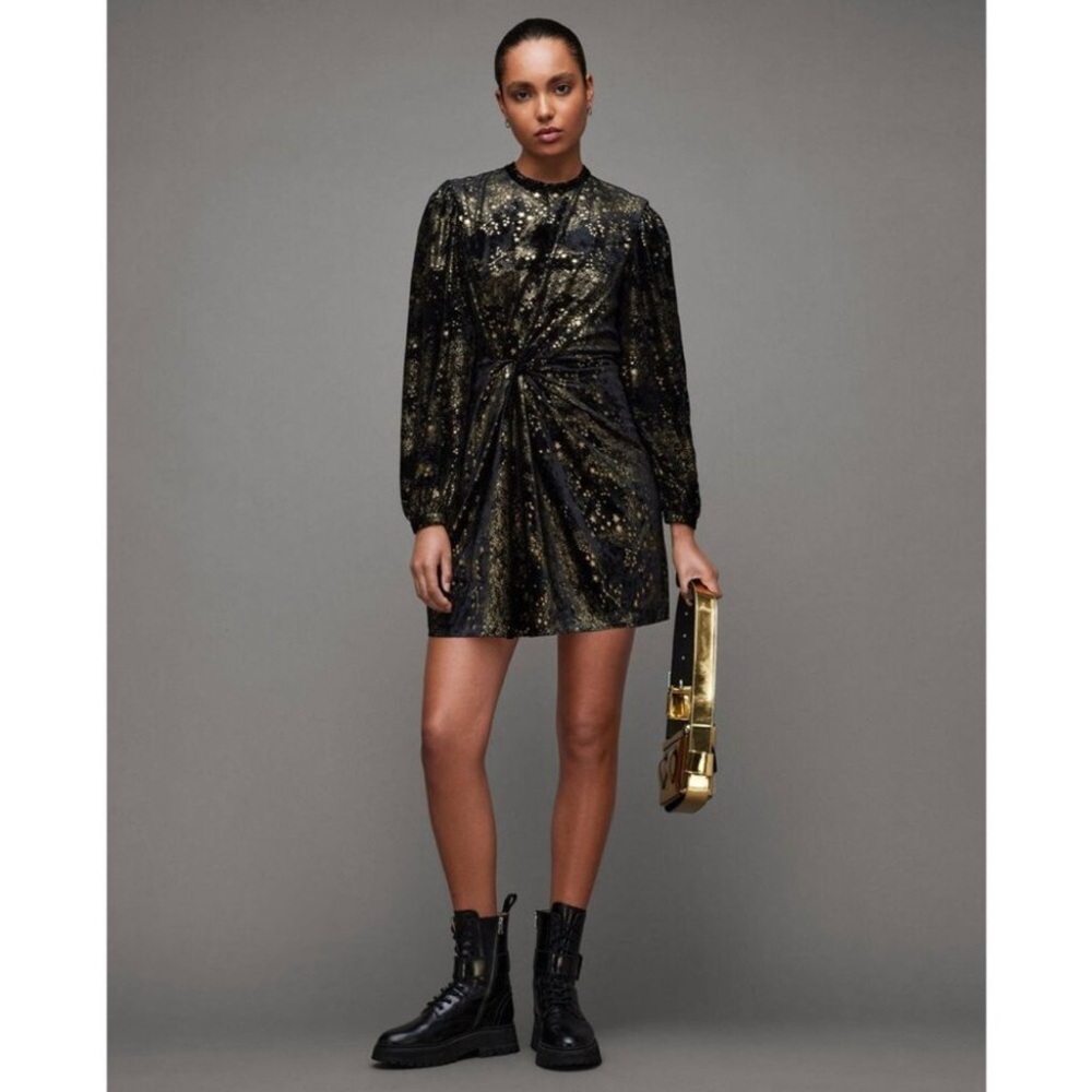 New! All Saints‎ Jemima Star Dress Black Velvet
Metallic Gold Printed Sz 10 $299